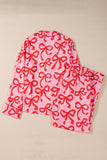Pink All Over Bow Print Long Sleeve Button-Up Top and Pants Pajama Set