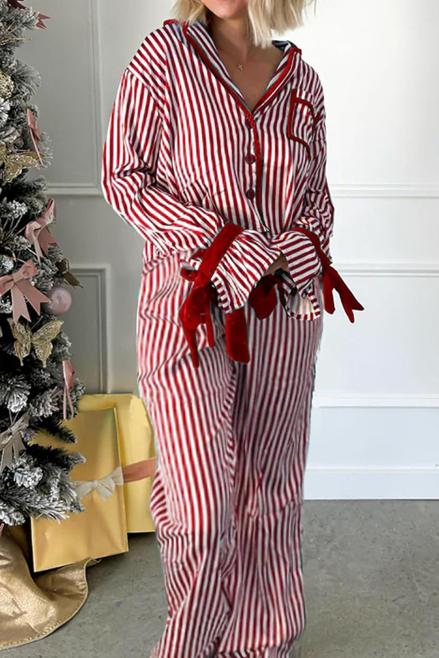 Red Striped Velvet Trim Long Sleeve Button-Up Top and Pants Pajama Set