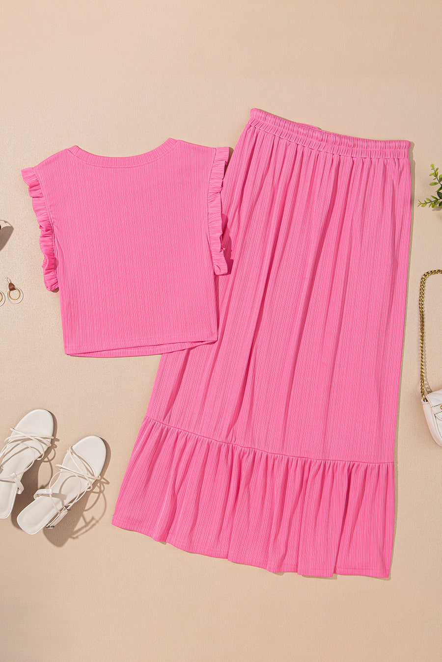 Bright Pink Textured Ruffle Trim Crop Top and Drawstring Skirt Set