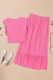Bright Pink Textured Ruffle Trim Crop Top and Drawstring Skirt Set