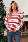 Red & White Striped Ruffle Shoulder Long Sleeve Top