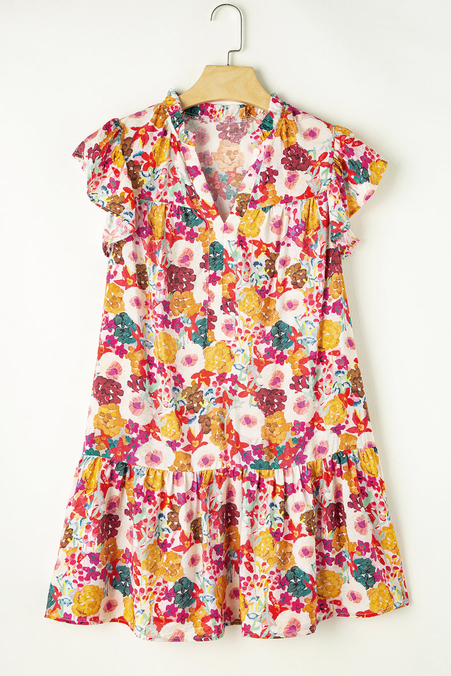 Multicolored Floral Notched Neck Ruffle Mini Dress