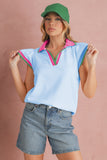 Baby Blue Collared V-Neck Ruffle Sleeve Blouse