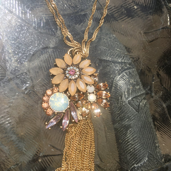 Burnished Gold Tone Rhinestone & Tassel Floral Pendant Necklace- Peach & White Opal