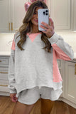 Light Grey & Pink Color Block Raw Hem Pullover Sweatshirt and Shorts Set