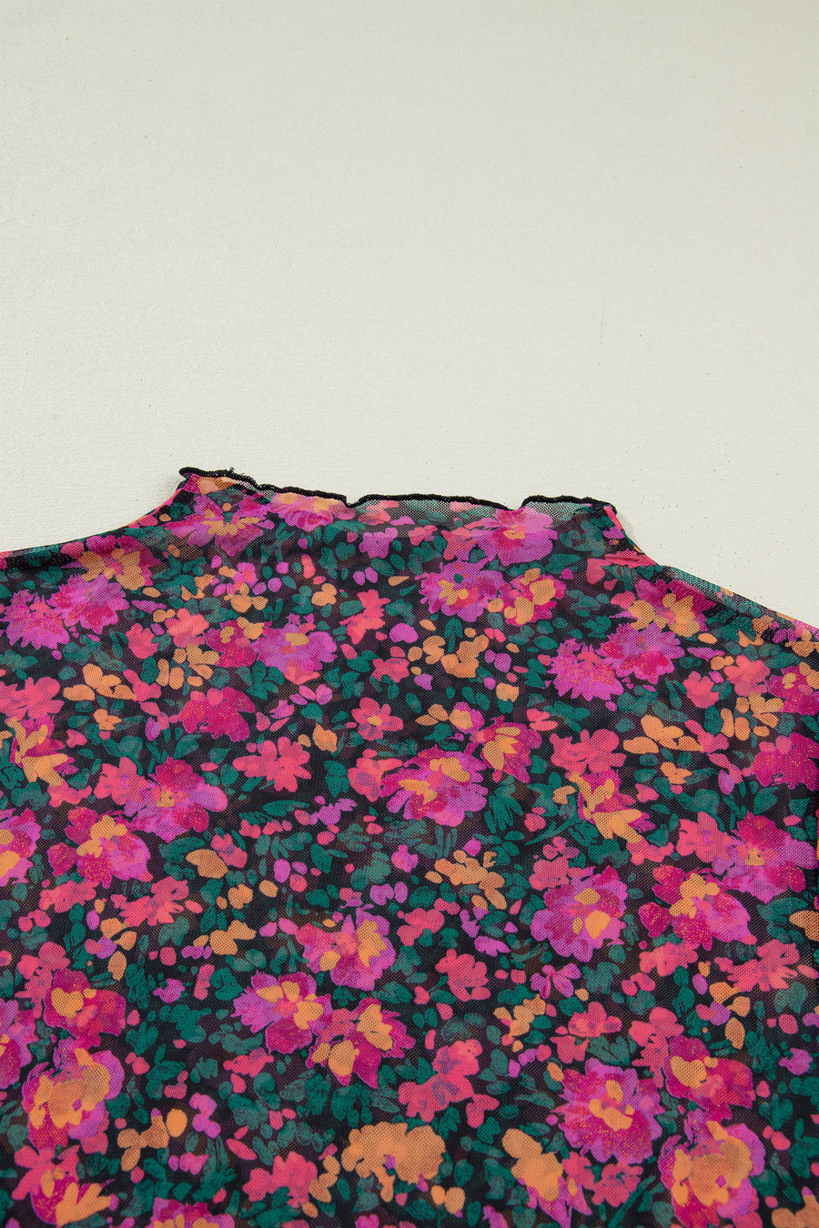 Black Floral Mesh Lettuce Trim Short Sleeve Blouse A