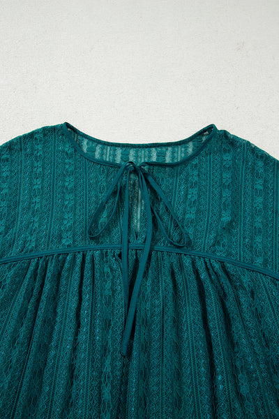 Evergreen Sheer Lace Balloon Sleeve Babydoll Blouse