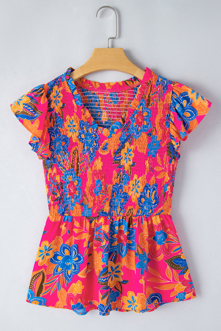 Neon Pink Floral Frill V-Neck Smocked Peplum Blouse