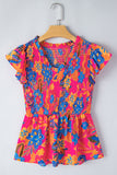 Neon Pink Floral Frill V-Neck Smocked Peplum Blouse