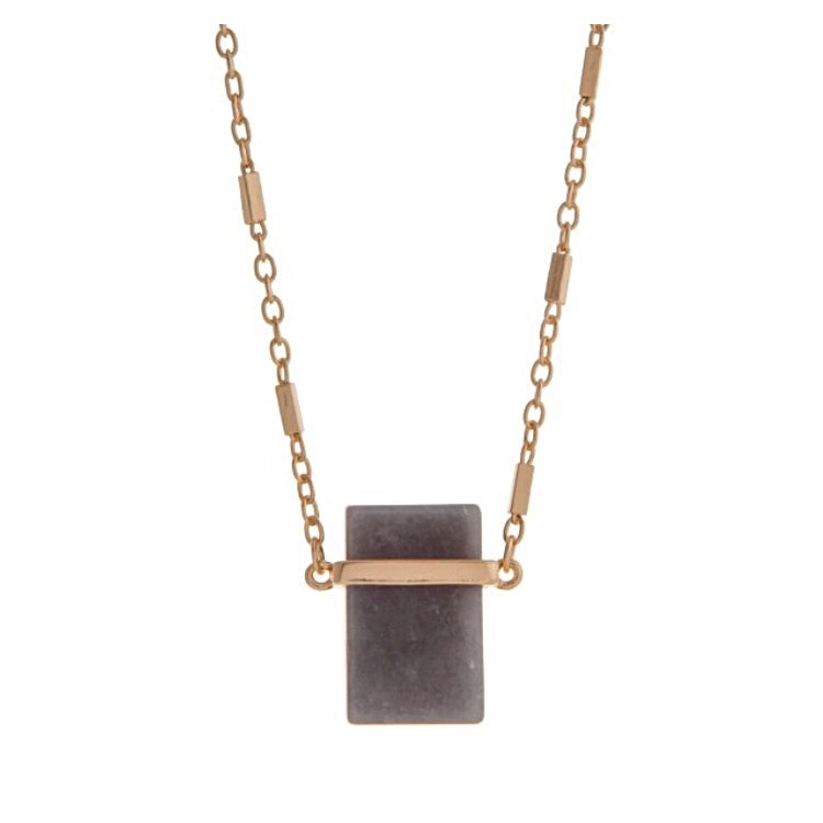 Gold Tone Natural Stone Pendant Necklace- Gray