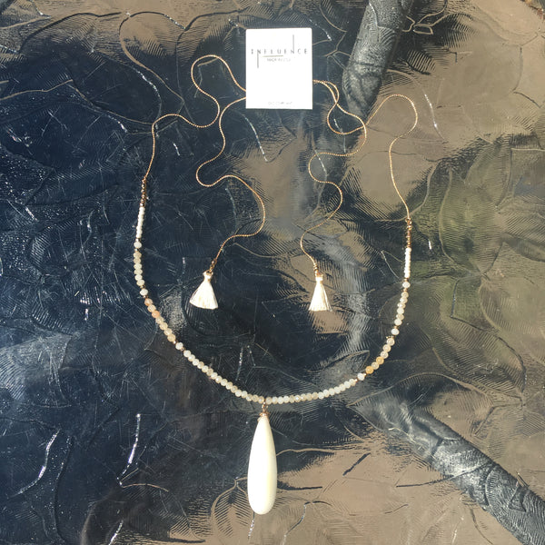 Gold Tone Adjustable Teardrop, Beads, & Tassel Necklace- Ivory