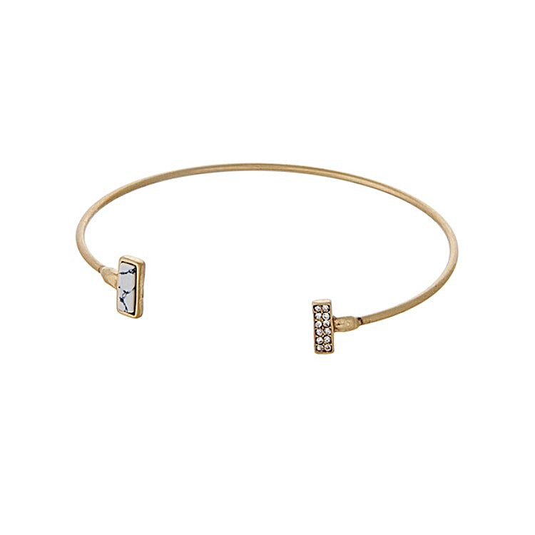 Dainty Gold Tone Cuff Bracelet with White Stone & Clear Rhinestone Accents