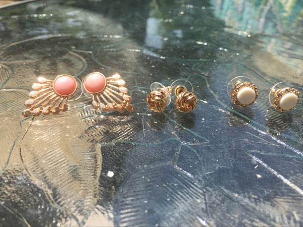 Gold Tone Earring Trio- Pink & Ivory