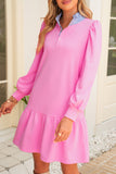 Striped Collar Long Sleeve Ruffle Hem Dress- 2 Colors