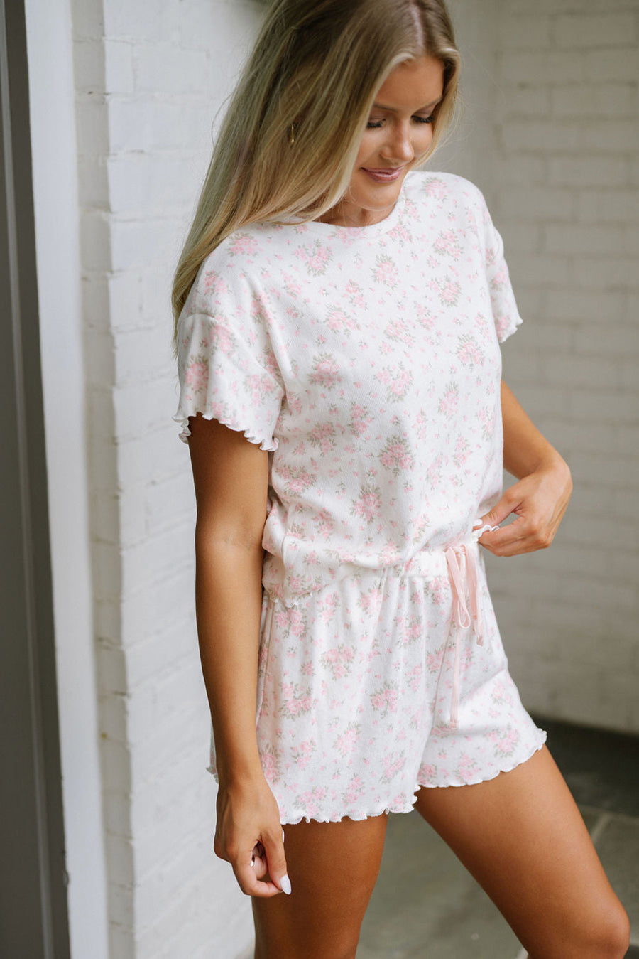 Pink Floral Print Lettuce Trim Short Sleeve Top and Shorts Pajama Set