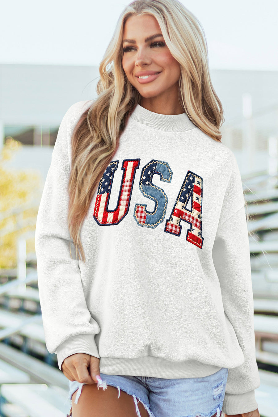 White Faux Patchwork Print USA and American Flag Reversible Sweatshirt