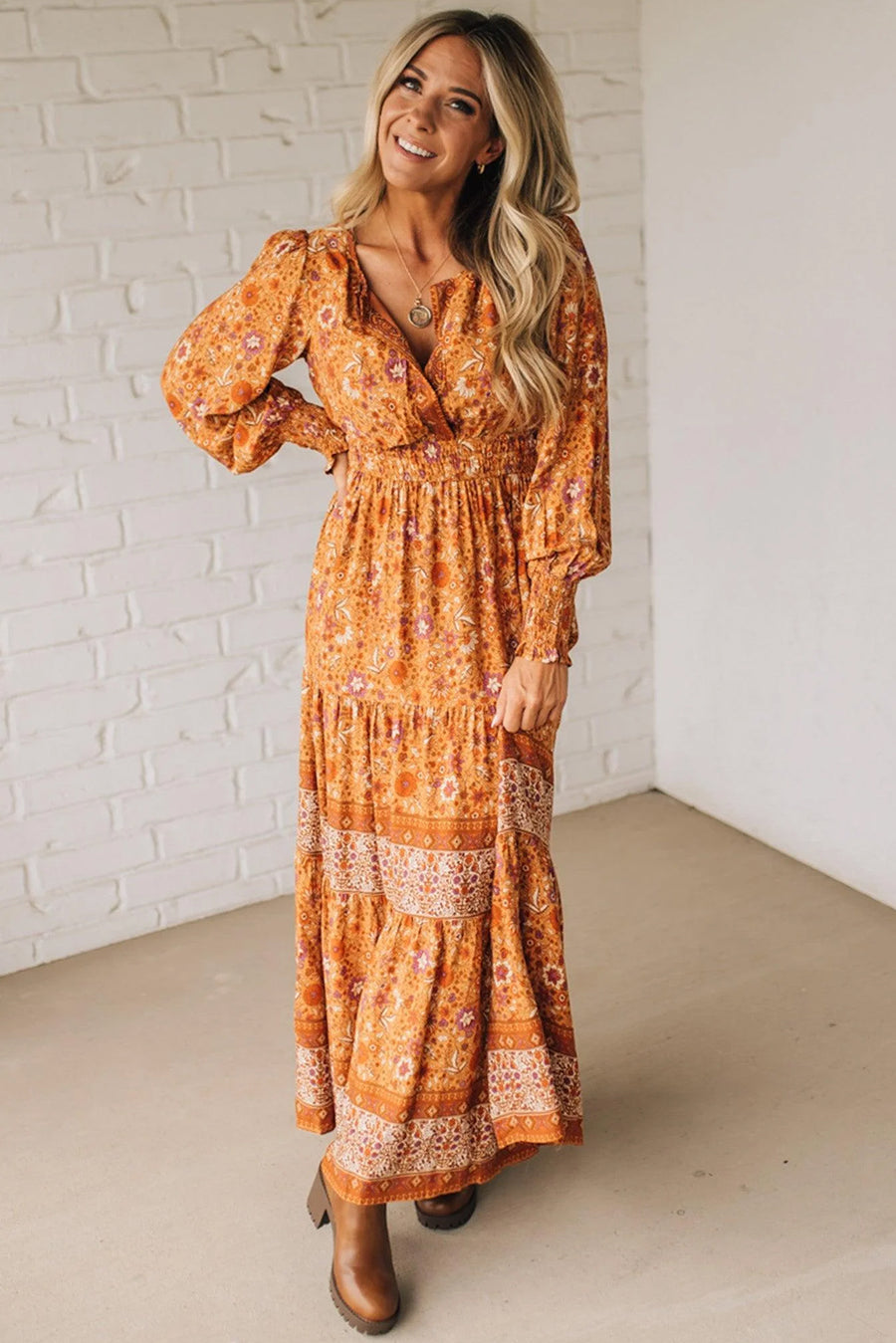 Orange Bohemian Floral Print Smocked Waist Long Sleeve Maxi Dress