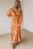 Orange Bohemian Floral Print Smocked Waist Long Sleeve Maxi Dress