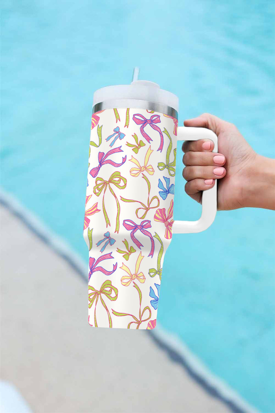 White Bow Print Large Stainless Steel Tumbler