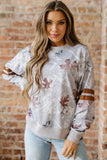 Gray Maple Leaf Camouflage Print Varsity Striped Sleeve Casual Sweatshirt