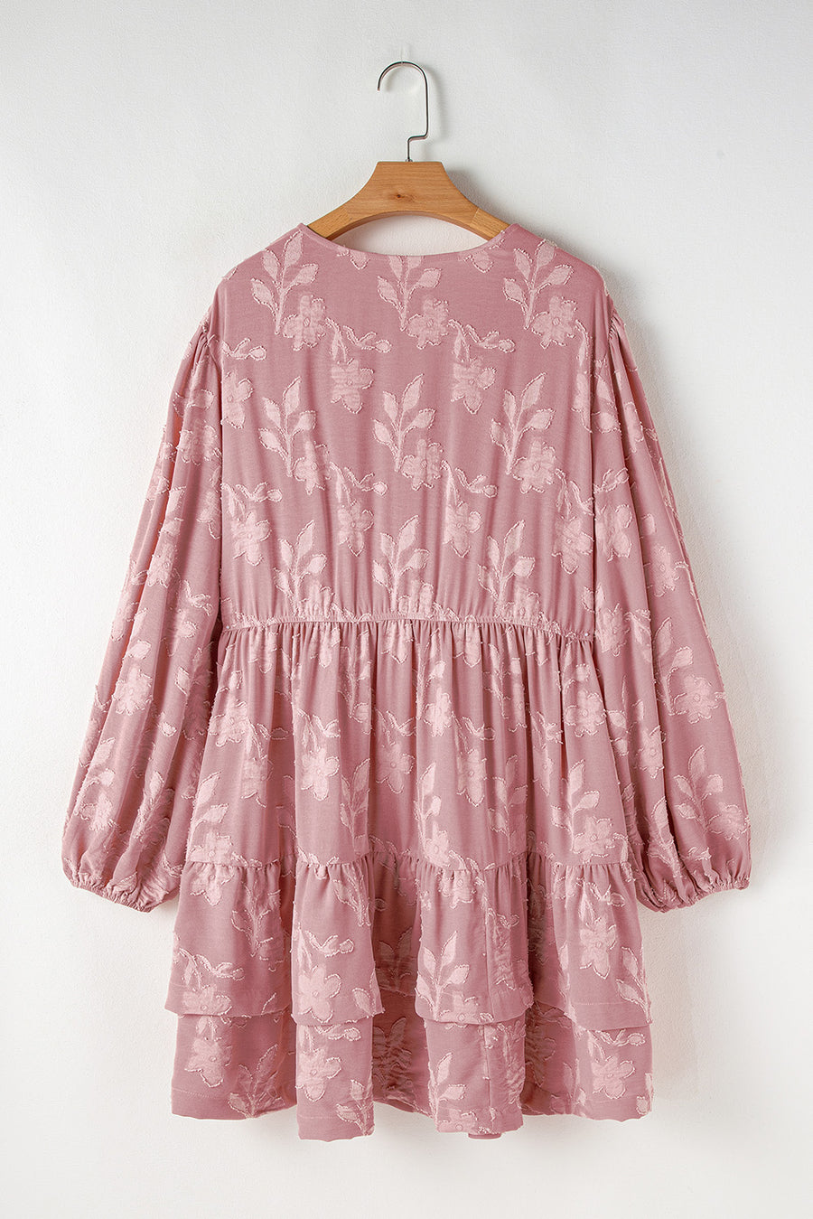 Plus Size Peach Floral Surplice V-Neck Long Sleeve Tiered Ruffle Mini Dress