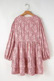 Plus Size Peach Floral Surplice V-Neck Long Sleeve Tiered Ruffle Mini Dress