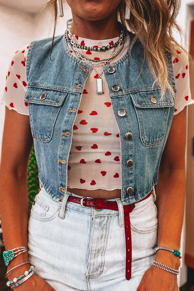 All OverHeart Print Mesh Short Sleeve Top- 2 Colors