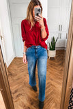 Frilled V-Neck Bow Detail 3/4 Sleeve Blouse- 2 Colors
