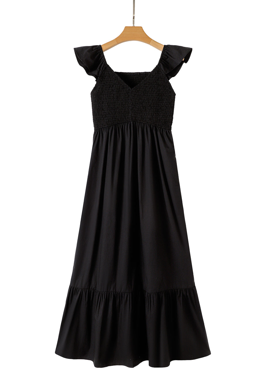 V-Neck Flutter Sleeve Smocked Bodice High Waist Ruffle Maxi Dress with Pockets- 2 Colors