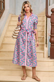 Pink Bohemian Floral Shirred Short Sleeve Belted Midi Dress