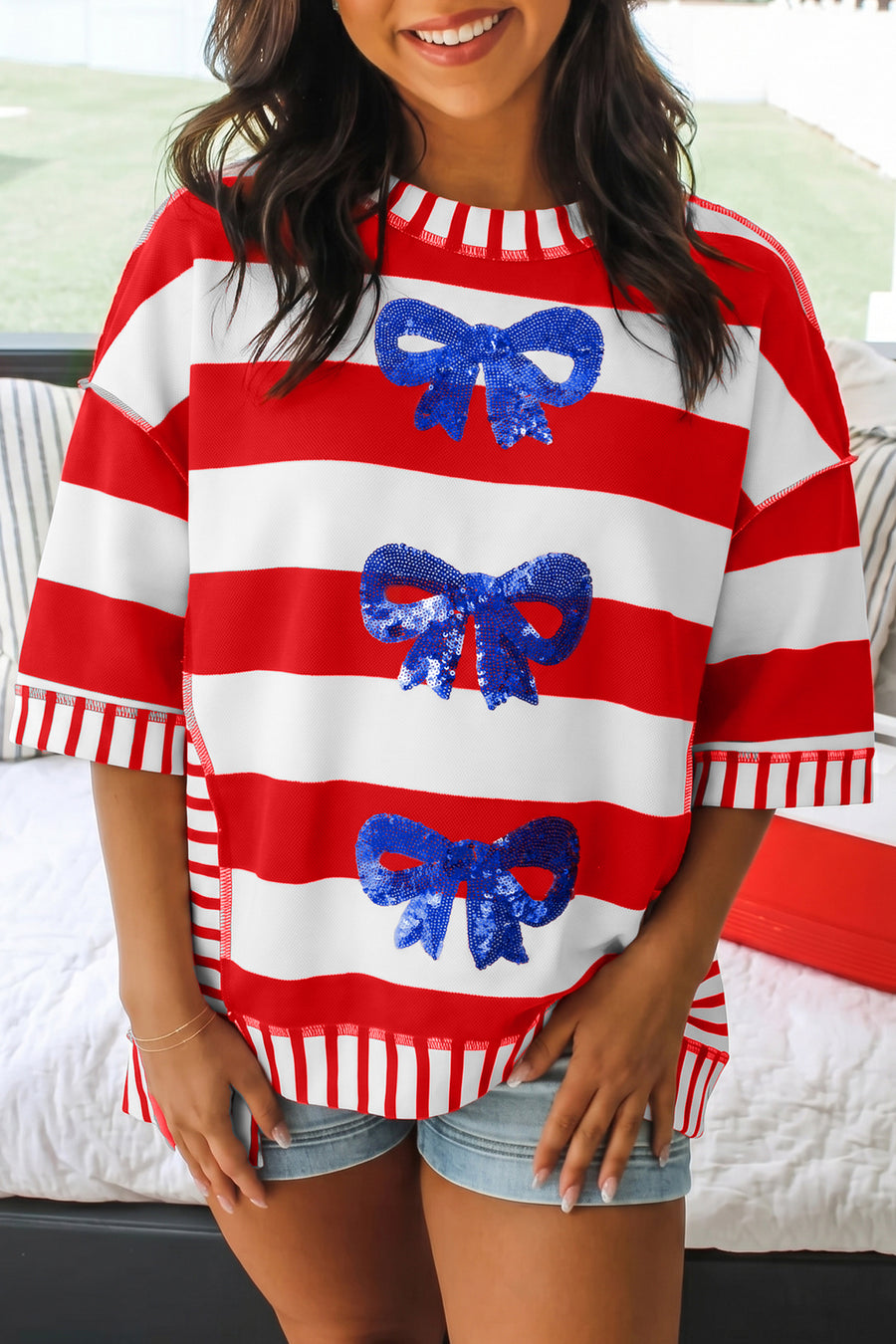 Red Striped Sequin Bows Short Sleeve Oversized Top