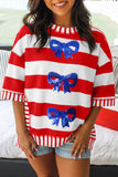 Red Striped Sequin Bows Short Sleeve Oversized Top