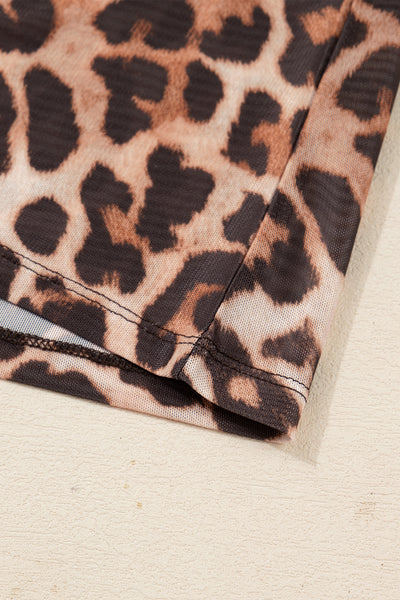 Brown Leopard Mock Neck Long Sleeve Mesh Top