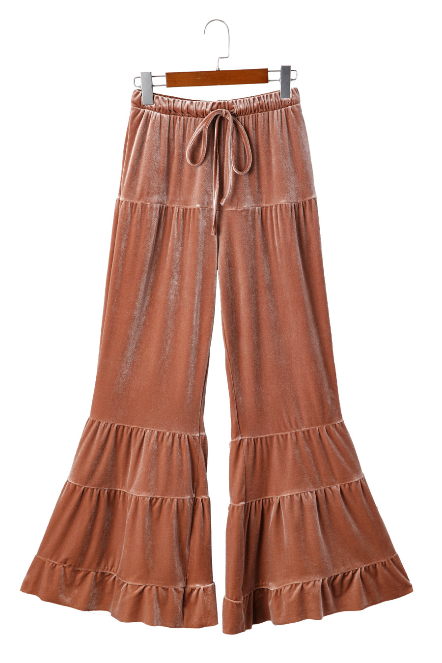 Straw Yellow Velvet Mineral Wash Tiered Flare Leg Pants