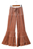 Straw Yellow Velvet Mineral Wash Tiered Flare Leg Pants