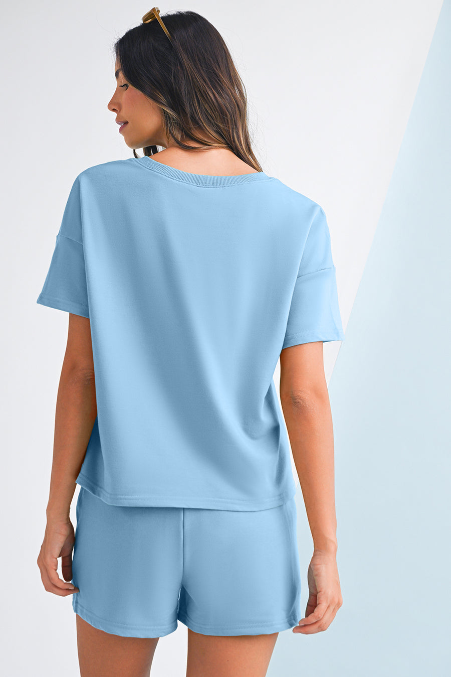 V-Neck Drop Shoulder T-Shirt and Patchwork Shorts Set- 3 Colors
