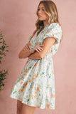 Orange Floral Print Smocked High Waist Puff Sleeve Mini Dress