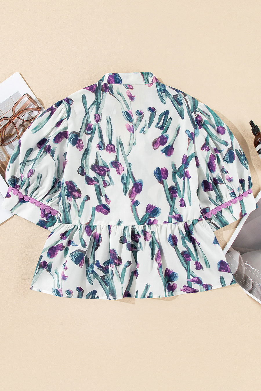 Purple Floral Ricrac Trim Short Puff Sleeve Peplum Blouse