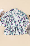 Purple Floral Ricrac Trim Short Puff Sleeve Peplum Blouse