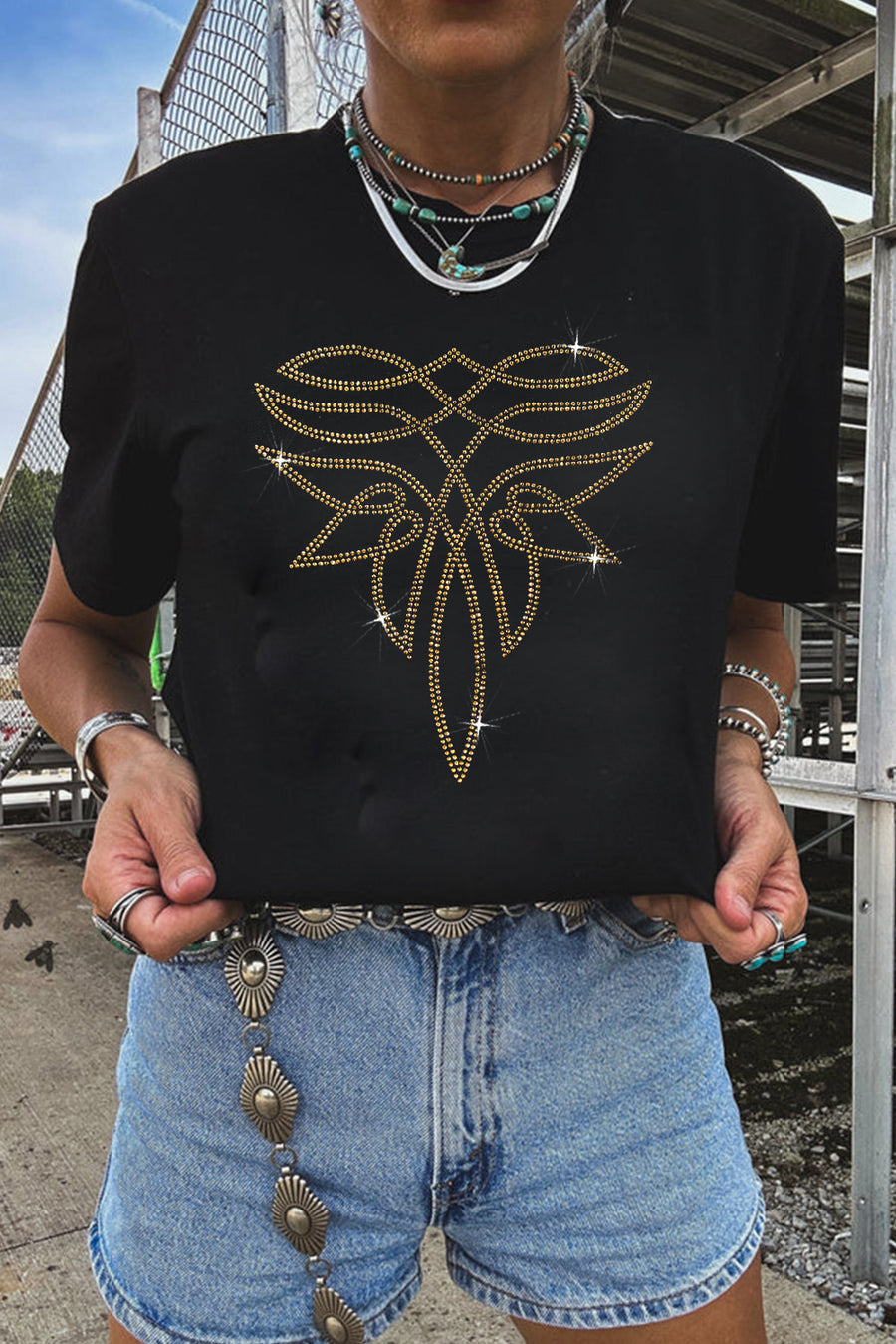 Black  Boot Stitch Pattern Rhinestone Transfer Cotton Blend Tee