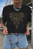 Black  Boot Stitch Pattern Rhinestone Transfer Cotton Blend Tee