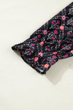 Black Floral Contrast Trim V-Neck Lantern Sleeve Blouse