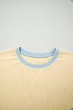 Yellow Cream Soft Ribbed Color Block Trim Casual Short Set