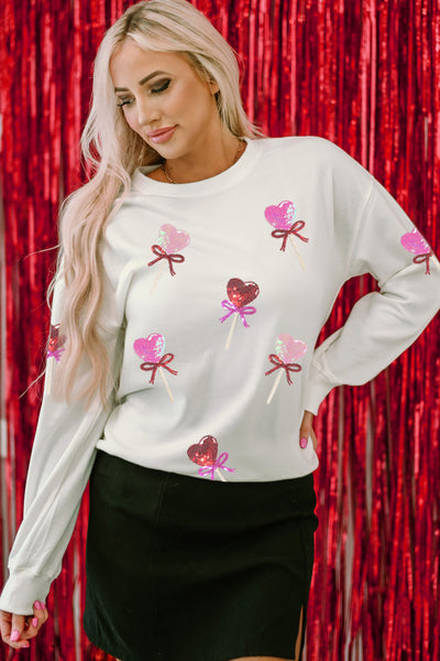 White Sequin Bow Heart Lollipop Drop Shoulder Crew Neck Sweatshirt
