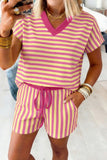 Striped Contrast Trim V-Neck T-Shirt and Drawstring Elastic Waist Shorts Set- 4 Colors