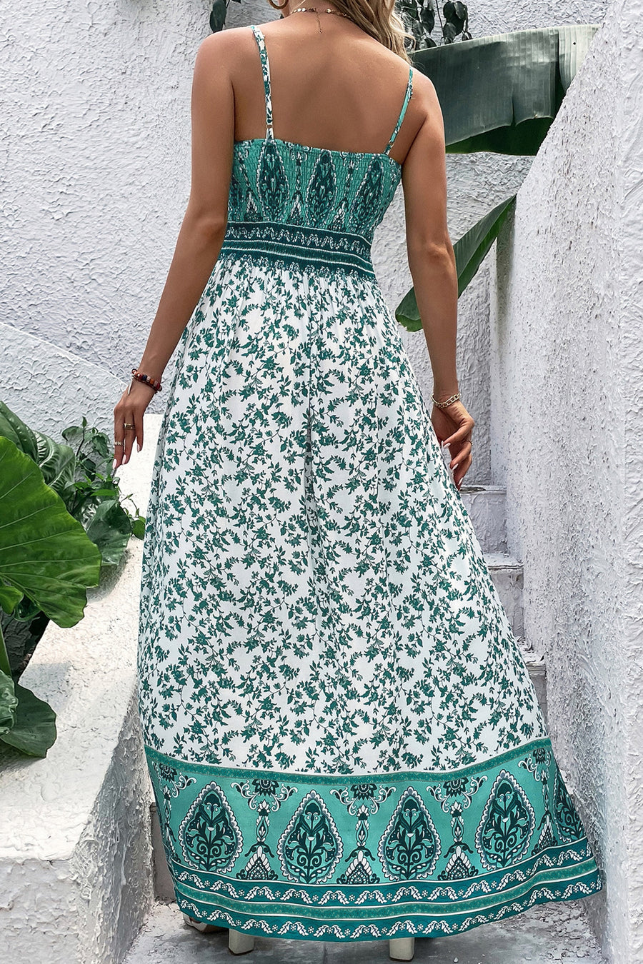 Green Bohemian Floral Print Shirred Cami Maxi Dress