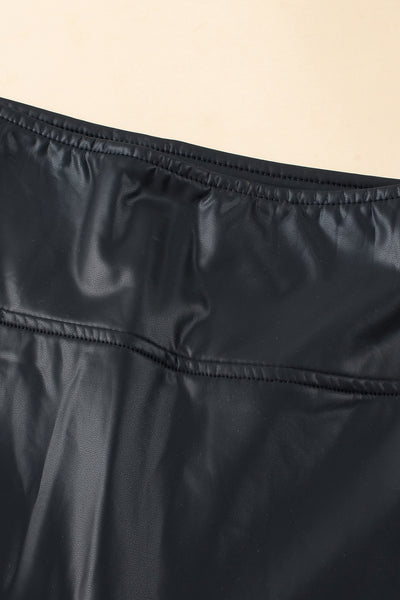 Black Piping Trim Sleek Faux Leather High Waist Leggings