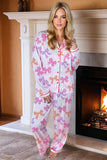 Pink Striped Bow Print Piping Trim Long Sleeve Pajama Set