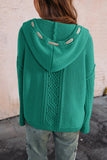 Green Cable Knit V-Neck Contrast Drawstring Hooded Sweater