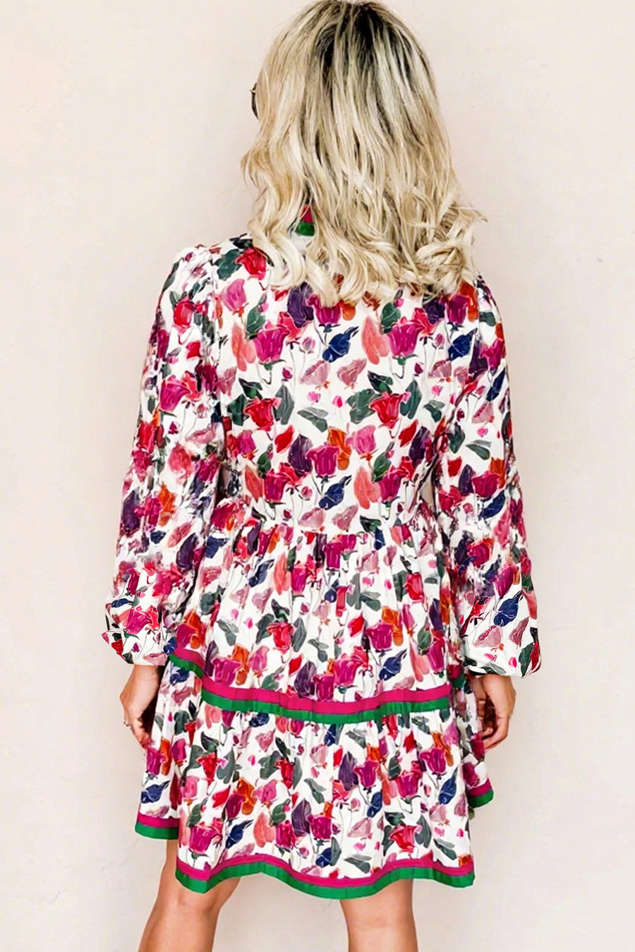 Multicolored Floral Print Contrast Striped Long Sleeve Mini Dress with Pockets